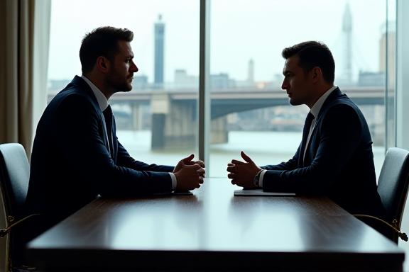 Professionals in a high-end London boardroom during a negotiation