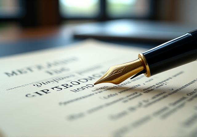 Close up of a classic fountain pen on a formal legal document at Waterloo Bridge office