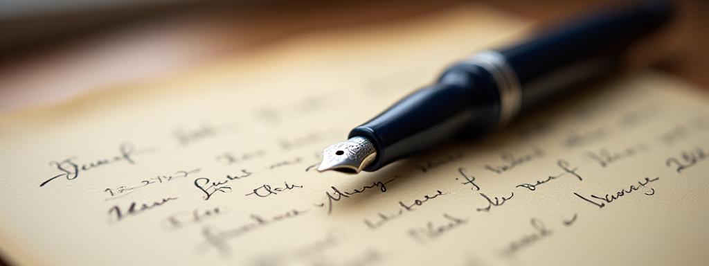 Close up of a fountain pen resting on historical parchment paper